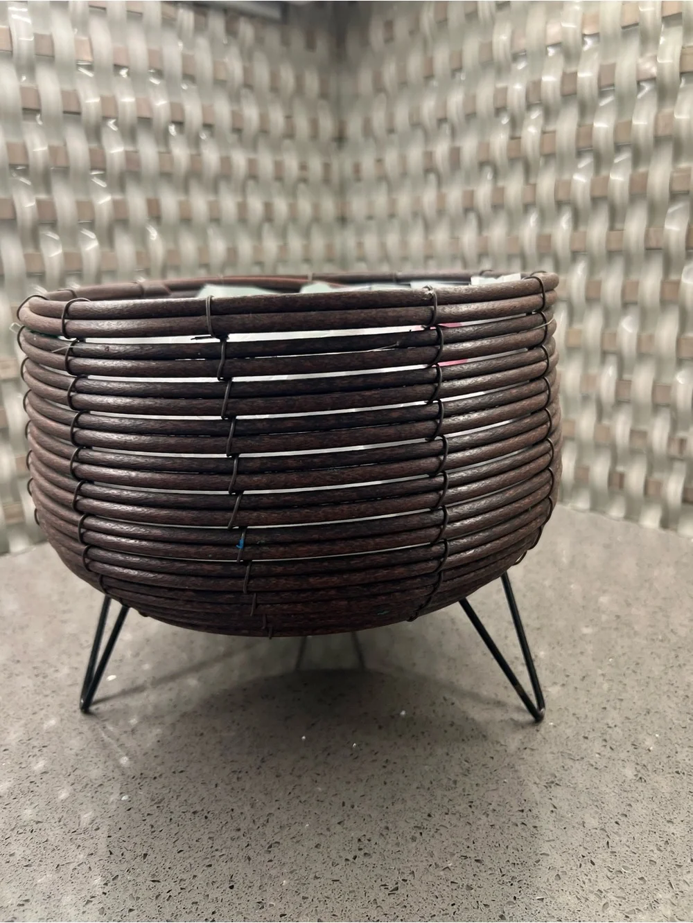 Dark Brown Woven Decorative Planter Bowl with Black Metal Legs
